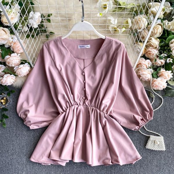 

women's blouses & shirts korean fashion v-neck puff sleeve shirt elastic waist slim ruffled women office leisure chiffon blusas mujer, White