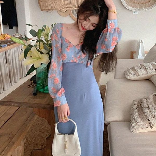 

korean office lady 2021 summer square collar elegant dress women patchwork vingate floral evening party one piece dresses casual, Black;gray