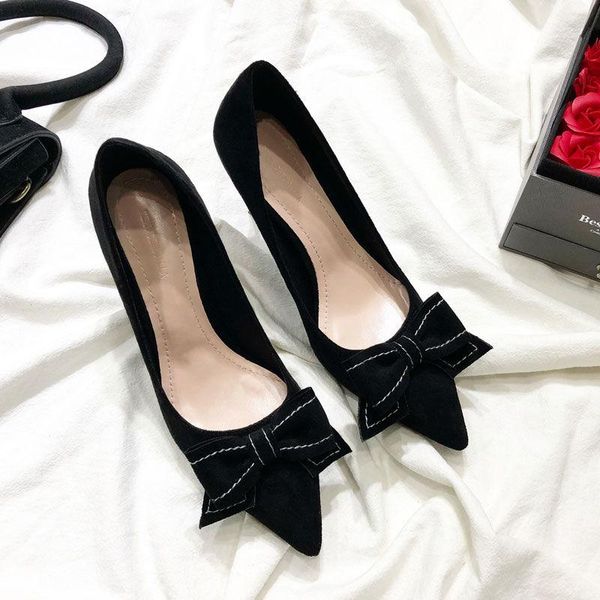 

dress shoes junsrm 2021 women high heel 7cm pointed toe fashion elegance knot shallow woman v mouth female footwear, Black