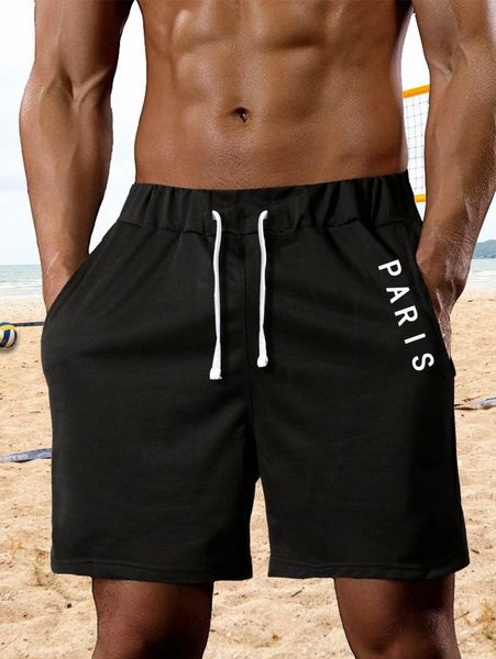 

men letter graphic drawstring waist shorts s09z#, Black