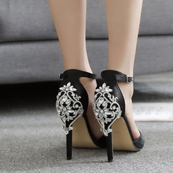 

fashionsummer open toe platform satin dress shoes ankle strap crystals heels bridal wedding party evening pumps #20 sandals, Black