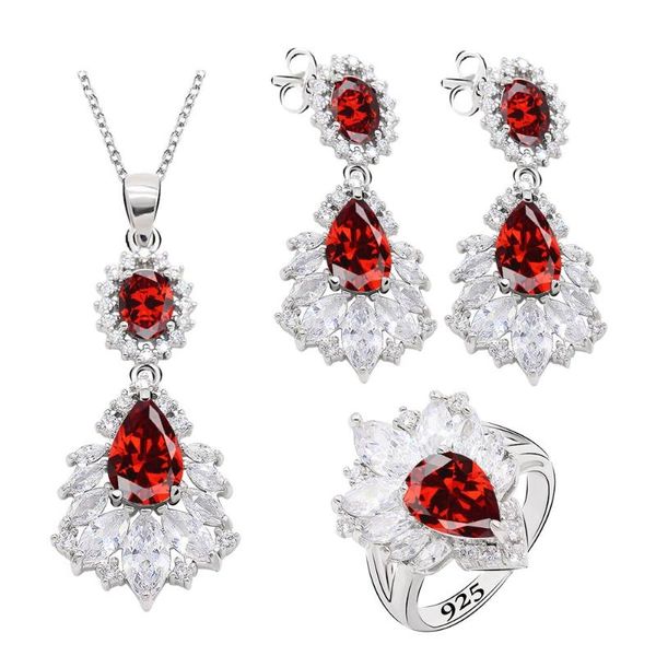 Ohrringe Halskette Klassischer roter Zirkon Silberfarben Schmucksets für Frauen Hochzeit Geburtstagsgeschenk Anhänger Ring