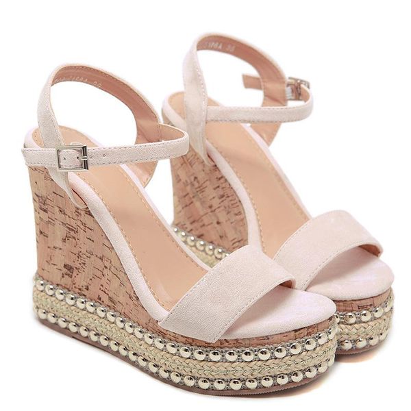 

sandals 2021 large size women's round head light mouth sandalias straw flannelette platform shoes women bead heel, Black