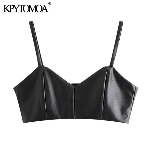 

kpytomoa women fashion faux leather cropped tank vintage v neck side zipper wide straps female camis chic 210407, White