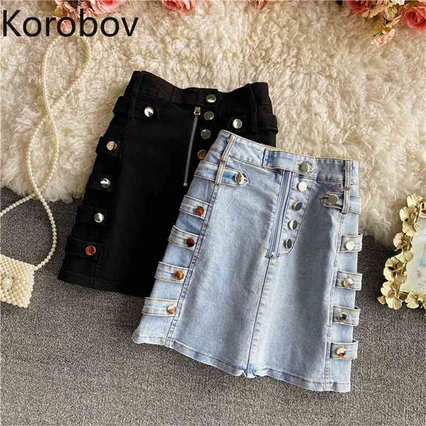 Korobov alta cintura jeans saia mulheres cor sólida botões design casual uma linha saias feminino novo moda streetwear Faldas 210430