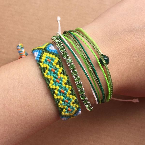 

tennis 4pcs bracelet set handmade green string weave friendship bracelets crystal multi layers bohemian summer bangles jewelry, Golden;silver