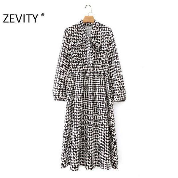 

zevity autumn women vintage houndstooth plaid print shirt dress ladies chic bow clothing long sleeve business vestido ds4547 210603, Black;gray