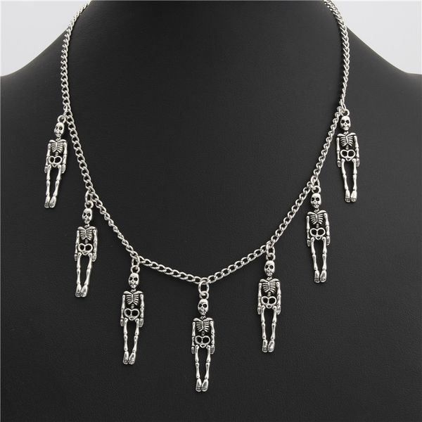 

skull skeleton pendant necklace gothic punk personality alloy clavicle chain choker halloween jewelry accessories, Silver