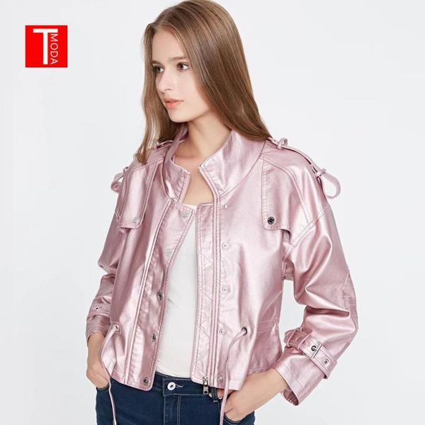 

women's leather & faux tmoda282 autumn winter women jackets coats lady pu motorcycle shining pink zipper coat streetwear biker outerwea, Black