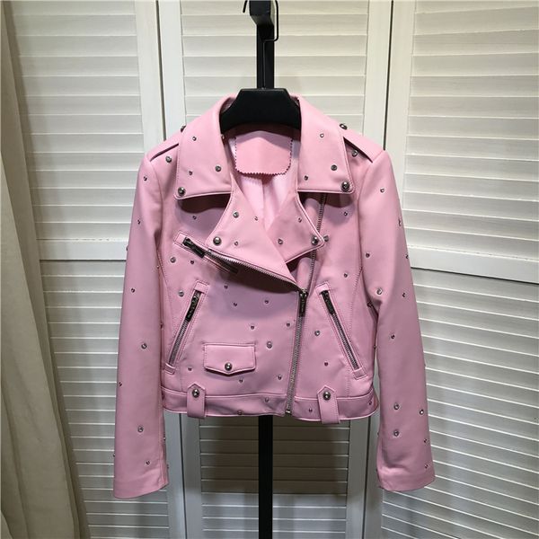 

women's jackets chic female leather rivet jacket 2021 autumn marks design real b638a, Black;brown