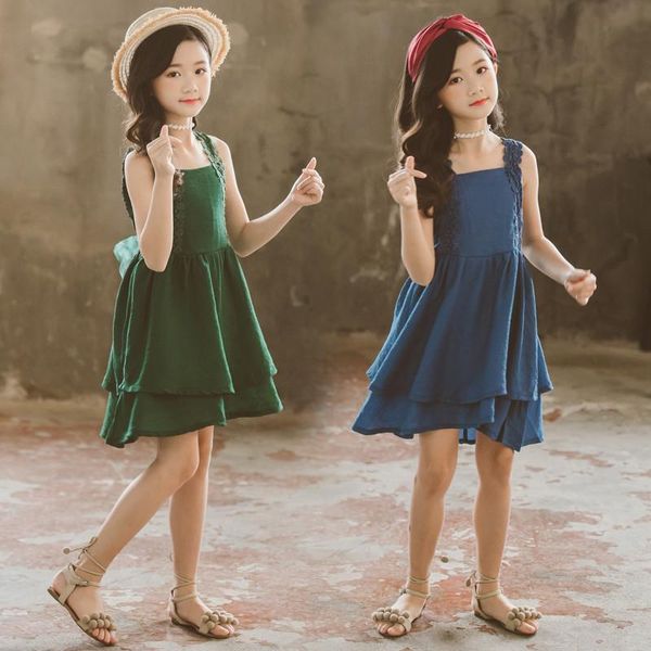 

teen kids baby girls sleeveless gallus lace solid falbala tiered princess dress korean dresses for vestido girl's, Red;yellow