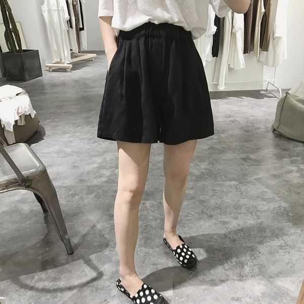 

women's shorts cotton hemp wide leg summer loose size high waist elastic a-line beach linen pants, White;black