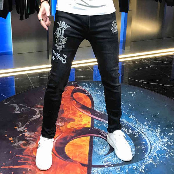 

jean autumn custom-made thin elastic embroidered brim emblem small leg fashion pants male, Blue