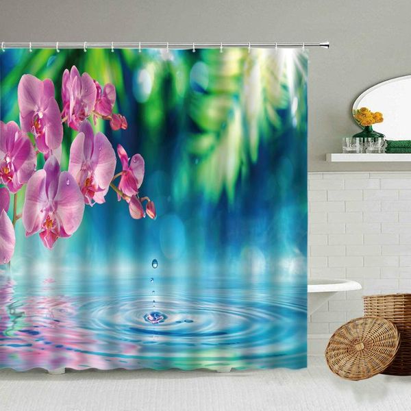 Duschvorhänge, Orchideen-Blume, Wasserreflexion, Vorhang, Tulpe, Schmetterling, Pflanze, Blatt-Design, Badezimmer-Wanddekoration mit Haken, wasserdichter Bildschirm