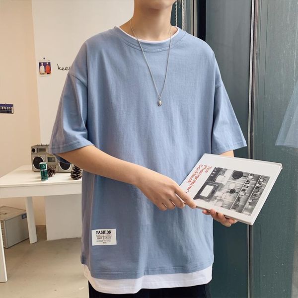 

men's t-shirts 2021 summer men t-short fashion casual large size short sleeve t-shirt cotton solid color fake two, White;black