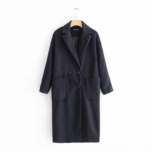 

women's wool & blends 2021 thin blend coat women long sleeve turn-down collar outwear jacket casual autumn winter elegant overcoat, Black