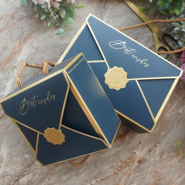 

gift wrap 10pcs envelop gold deep blue wish with rope handle paper box cookie macaron candy wedding birthday party gifts packaging