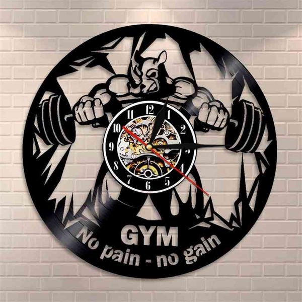 Fitness clube motivação a besta silenciosa relógio de parede ginásio decoração vinil registro de parede relógio de parede bodybuilding kettle sino retrô parede relógio 210401