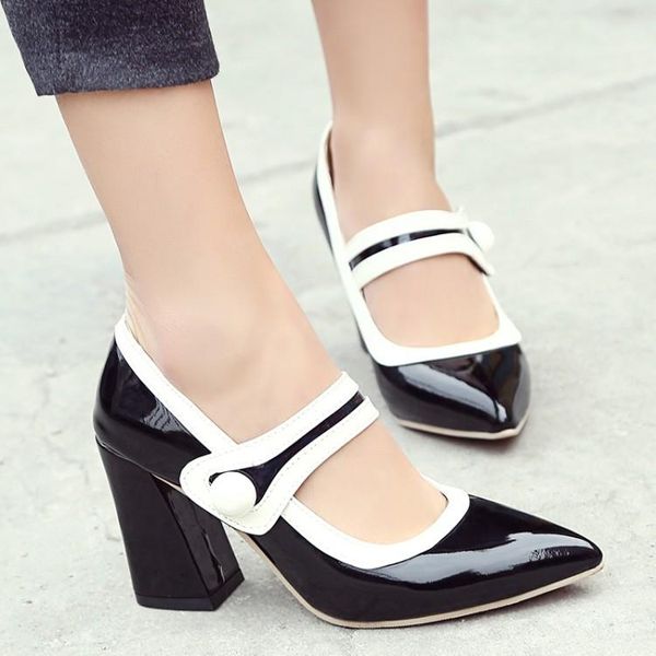 

dress shoes big size 11 12 13 14 ladies high heels women woman pumps lacquer-tipped button-down women's single, Black