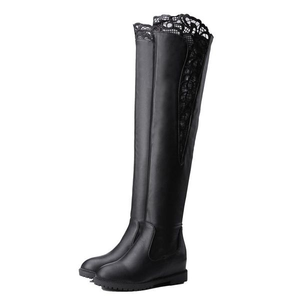 

boots qplyxco2021 arrival thigh high over the knee women round toe pu autumn winter solid colors wedges shoes woman, Black