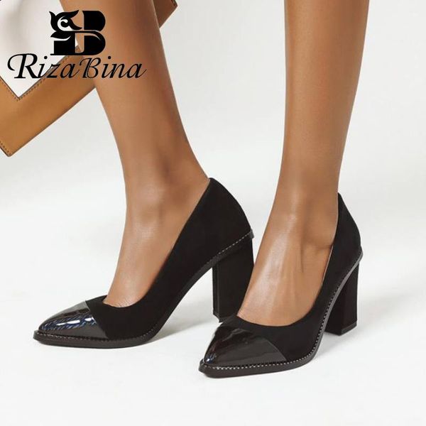 

dress shoes rizabina size 32-47 fashion pumps patchwork mixed color women pointed toe thick heels office work lady footwear, Black