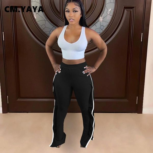 

women's pants & capris cm. women pant elastic mid waist patchwork stretchy skinny bodycon flare fashion casual trouser summer 2021, Black;white
