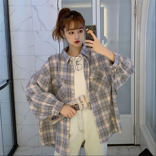 

womens shirts shirt ulzzang japanese kawaii ladies vintage loose bat sleeve plaid female korean harajuku cute clothes for women, White