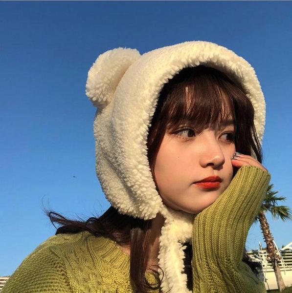 

beanies winter cute bear ears warm hat women windproof cap student add wool female present tab plush lei feng