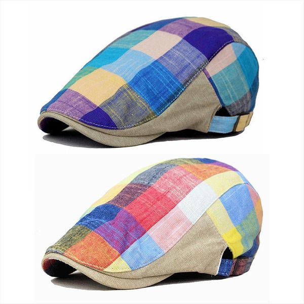 

men colorful plaids checks cap driving golf peaked flat cabbie newsboy beret hat hatcs0005, Blue;gray