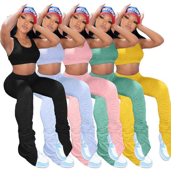 

casual stacked set 2 piece womens leggings sets outfits joggers tracksuits sport fitness gym sweatpants, Black