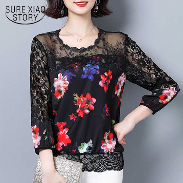 

fashion spring long sleeve chiffon print hollow lace women and blouses black ladies female 8150 50 210527, White