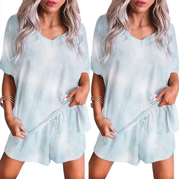 

pajamas fashion tie dye women sleepwear printing v neck short sleeve loose shorts casual sets home clothes, Black;red