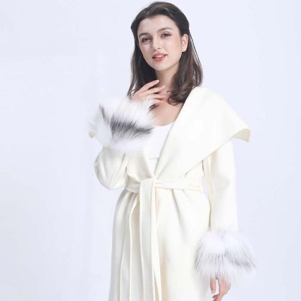 

women's fur & faux long cashmere coat winter warm women large lapel fashion overcoat, Black