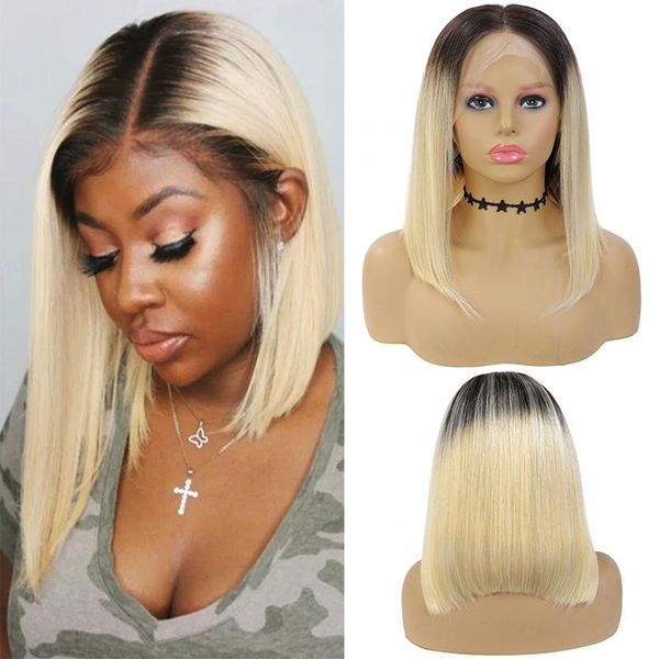 

ombre blonde short bob human hair wigs brazilian straight wig pre plucked 1b/613 lace front 13x4 remy 150%, Black;brown