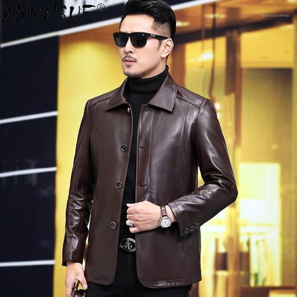 

men's leather & faux ayunsue genuine jacket men clothing sheepskin autumn coat male 5xl 6xl plus size clothes chaqueta cuero hombre lxr, Black