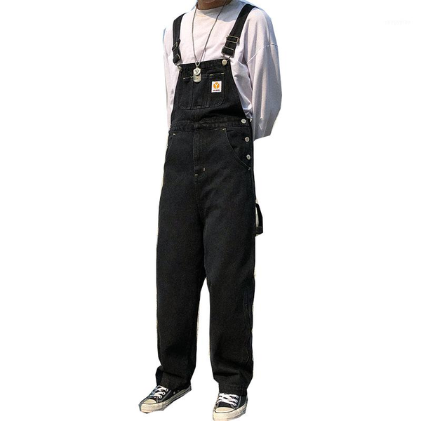 

men's pants autumn and winter style japanese, korean japanese one-piece overalls loose straight-leg jeans denim trousers, Black