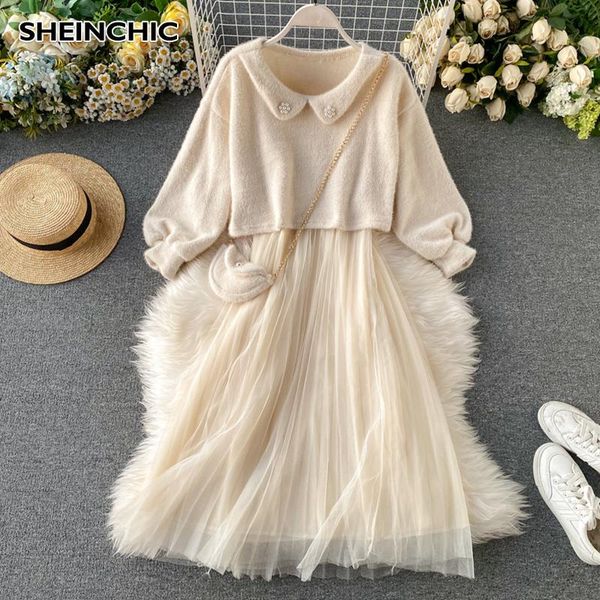 

two piece dress autumn winter 2021 women 2pcs set sweet beige/pink/green long sleeve blouse + mesh fashion for female, White