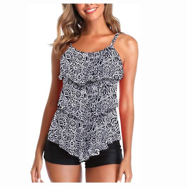 

women's swimwear printed bikini women high waist swimsuit tankini ruffle set bathing suit biquini #g2, White;black