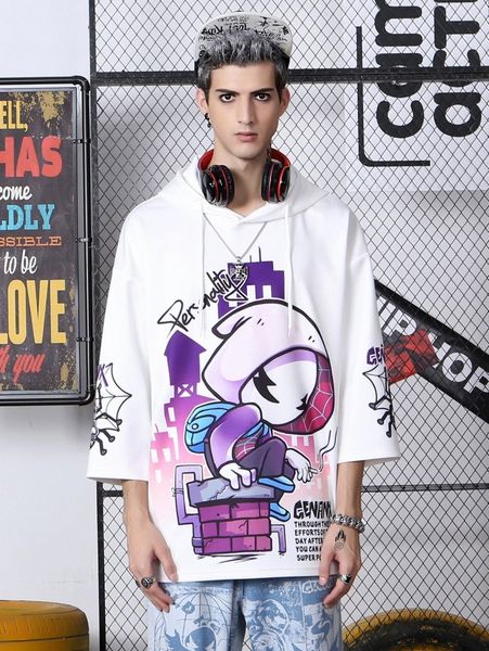 

men cartoon & slogan graphic drop shoulder drawstring hoodie p1dy#, Black