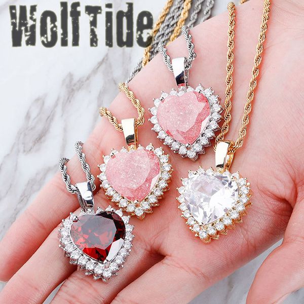 Gelado fora cúbico zircônia coração pingente colar nova moda 5 cores rosa vermelho branco cz pedras hip hop jóias amor kalung colar para amantes presentes dos namorados para mulheres