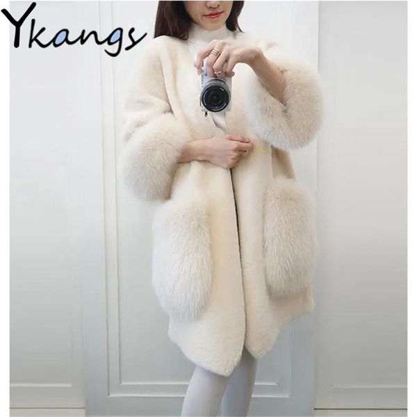 

women's fur & faux elegant thicken midi long coat korean version simple solid color jacket autumn winter loose vintage cardigan, Black