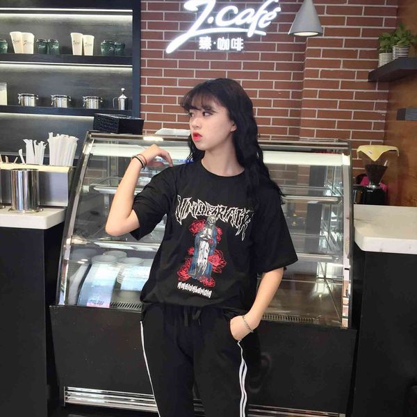 

halajuku cartoon style printed womens rose loose black big short sleeve female t shirt, White