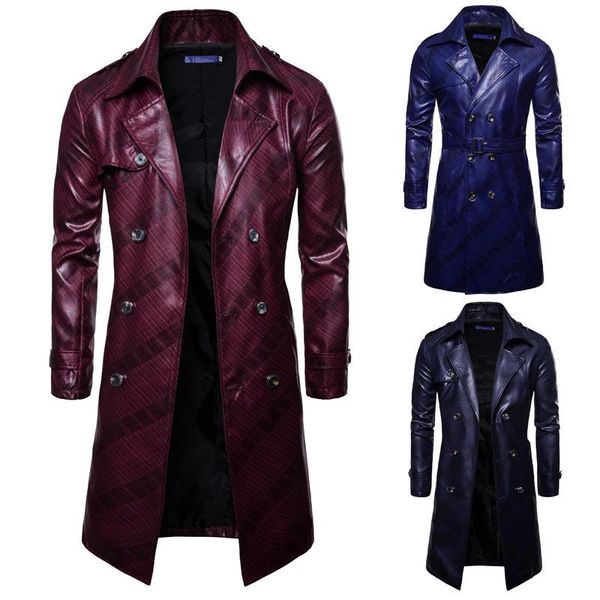 

men's fur & faux long british dark pattern fashion double-breasted personality slim lapel leather jacket 2021 autumn clothing, Black