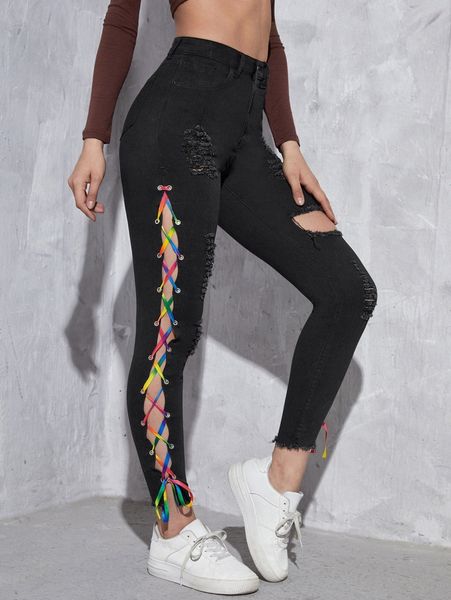

high waisted ripped lace up skinny jeans 55g0#, Blue