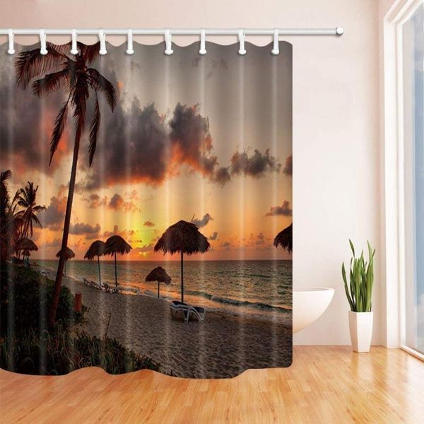 

shower curtains tropical beach bath curtain palm trees with recliner on sand at sunset polyester fabric waterproof for bathroom