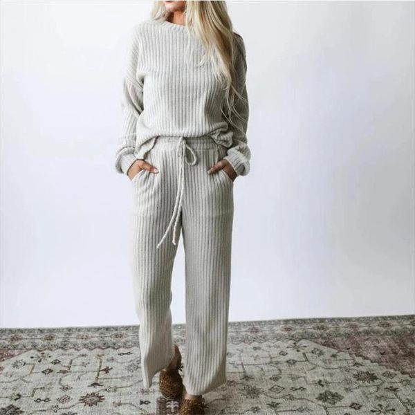 

casual 2 pieces solid ribbed womenpant knit home loungewear loose fall clothes set ladies long sleeve drawstring pants, White