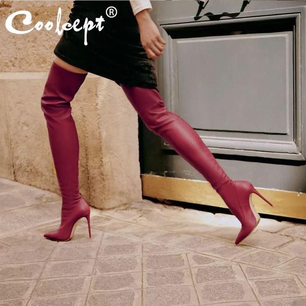 

boots coolcept winter women thigh high keep warm thin heels long fashion pointed toe party footwear size 35-40, Black