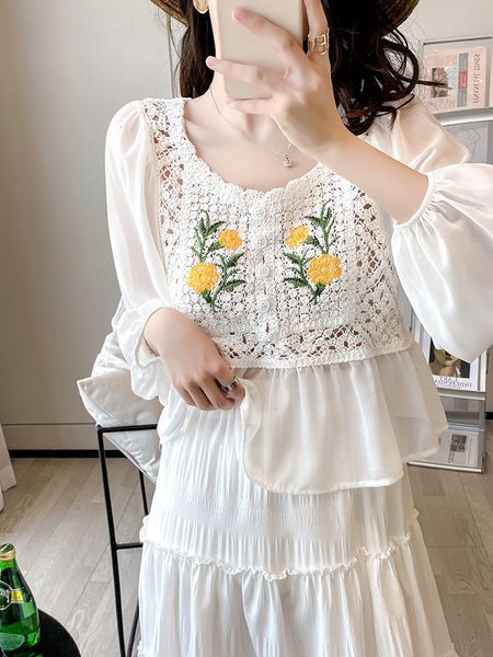 

tees women's t-shirt 2021 summer sweet pastoral panhua long sleeve splicing t-shirt looks tall and thin, White