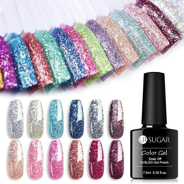 

sugar 7.5ml platinum uv gel nail polish holographic colorful glitter sequins varnish soak off led color diy1, Red;pink