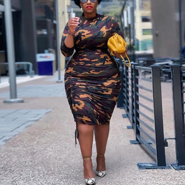 

casual dresses 4xl 5xl plus size african camouflage print bodycon drawstring knee length elegat evening night party vestidos mujer, Black;gray